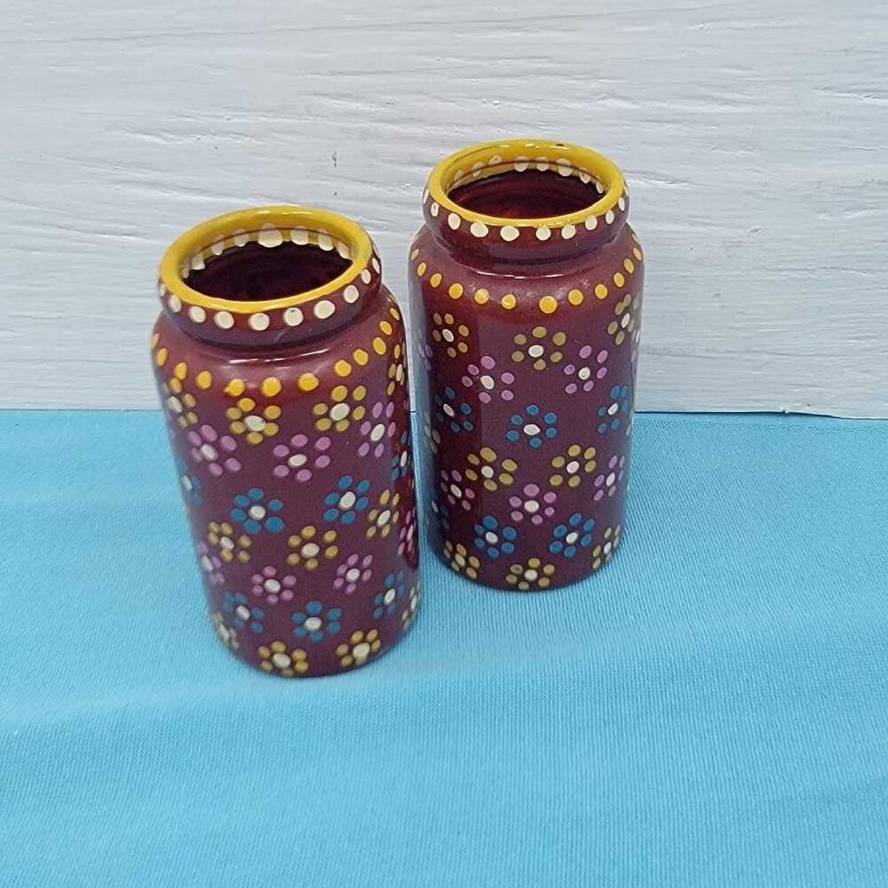 Handpainted Floral Folk Art Jars Set 2 Burgundy Yellow Multicolor Flowers